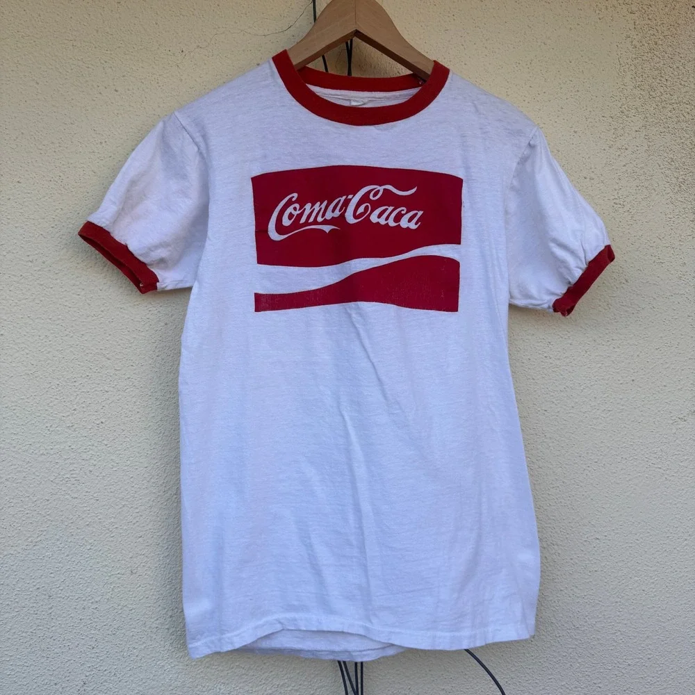 Vintage 60s Coma Caca Coca Cola Parody Ringer T-Shirt Graphic Tee Mens Medium